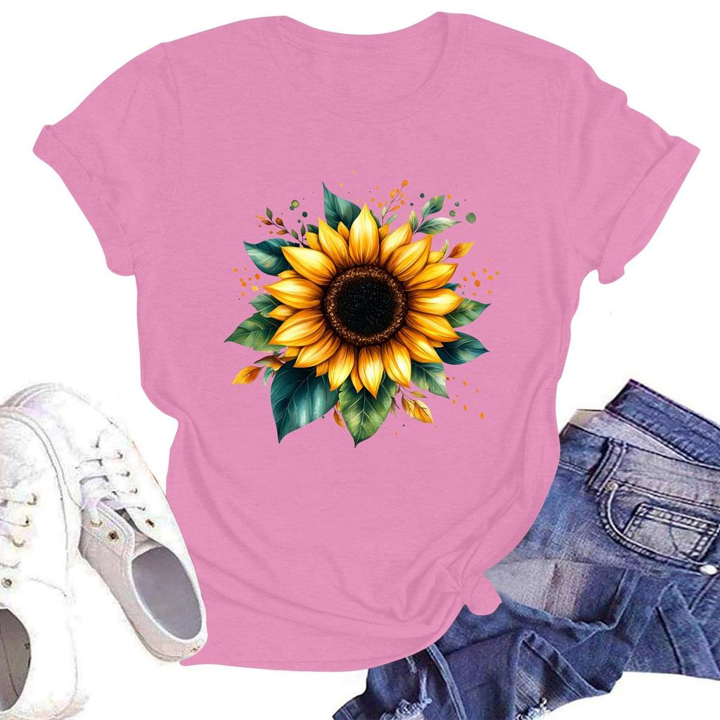 Dam Rundhalsad Casual T-shirt Topp med Blommigt Tryck och Korta Ärmar