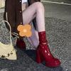 2024 Niche Evropské a americké červené lakované kožené boty na silném podpatku s voděodolnou platformou, Kotníkové boty na vysokém podpatku