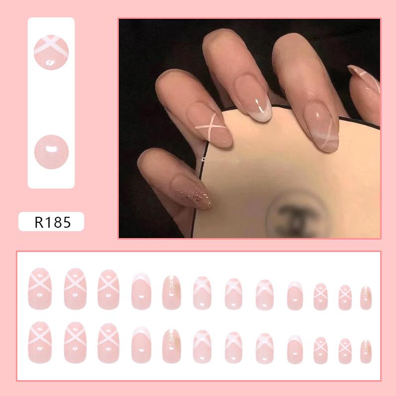 Накладные ногти Сладкие накладные ногти Однотонные Перекрестные ремешки Элегантные французские съемные накладные ногти 24 шт.