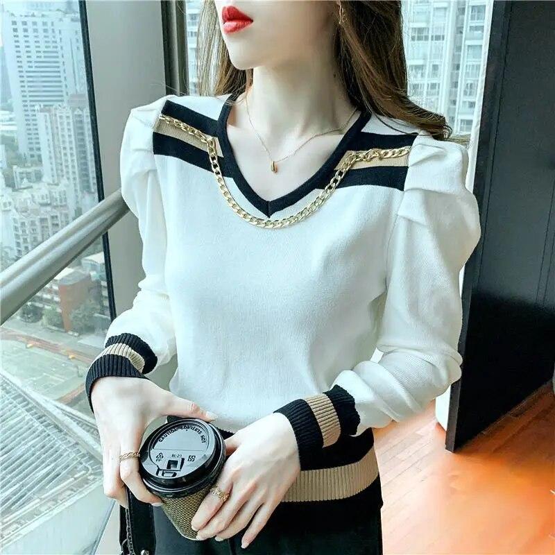 Jaro Podzim Nová Móda Kontrastní Barva Bufetové Rukávy Spodní Pletenina Dámský Pletený Svetr s V-výstřihem Top s Dlouhým Rukávem