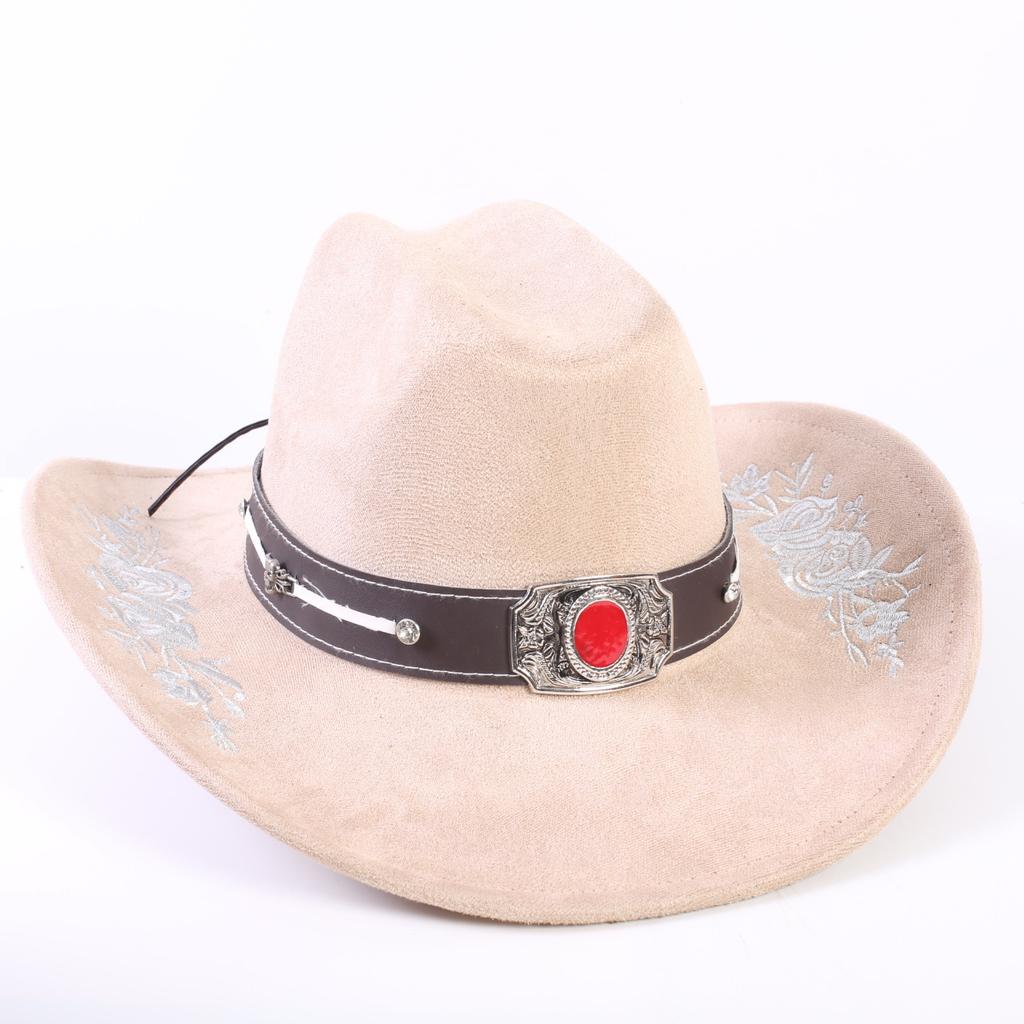 Popular European and American Classic Suede Western Cowboy Hat Men's and Women's Big Brim Embroidered Outdoor Sun Hat
