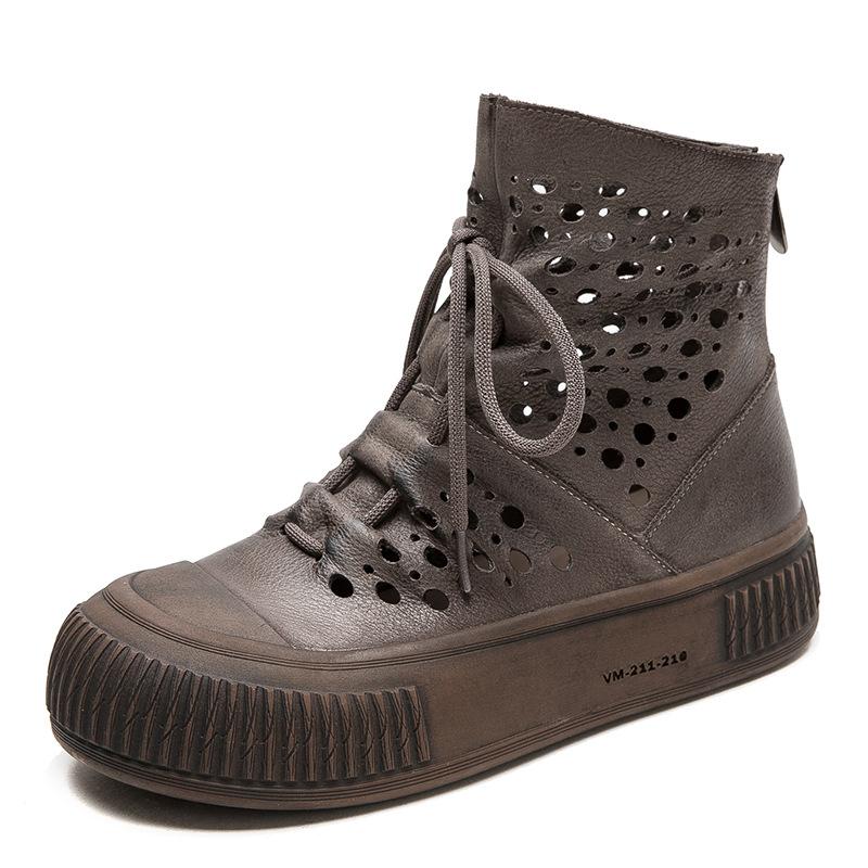2026 Spring New First Layer Cowhide Hollow Out Clog Boots Retro Style Ventilated Ankle Shoes for Women