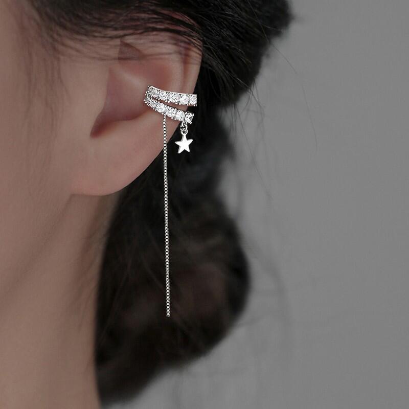 Shining Double-Layer Zircon Star Ear Clip for Women Luxury Long Tassel Chain Without Piercing Fake Cartilage Ear Cuff Jewelry