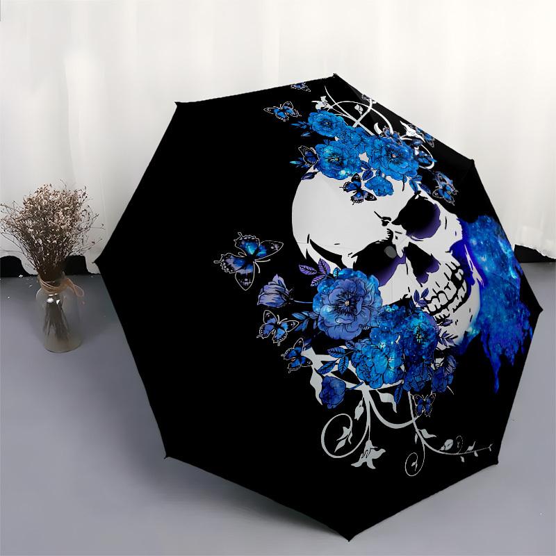 1pc Skull and Flowers Artwork Umbrella with Plastic Handle,Suitable for All Seasons UmbrellaPT580