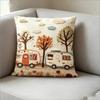 Süßer Wohnmobil Kissenbezug 2D Faux Stickerei Druck Retro Wohnwagen Wald Szenerie Kissenhülle Für Sofa Bett Couch Rustikal