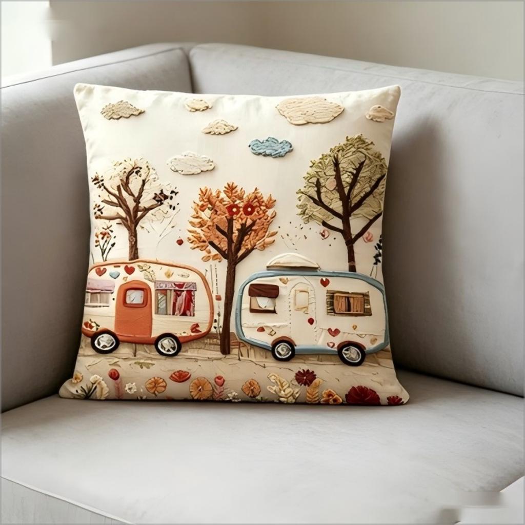 Süßer Wohnmobil Kissenbezug 2D Faux Stickerei Druck Retro Wohnwagen Wald Szenerie Kissenhülle Für Sofa Bett Couch Rustikal