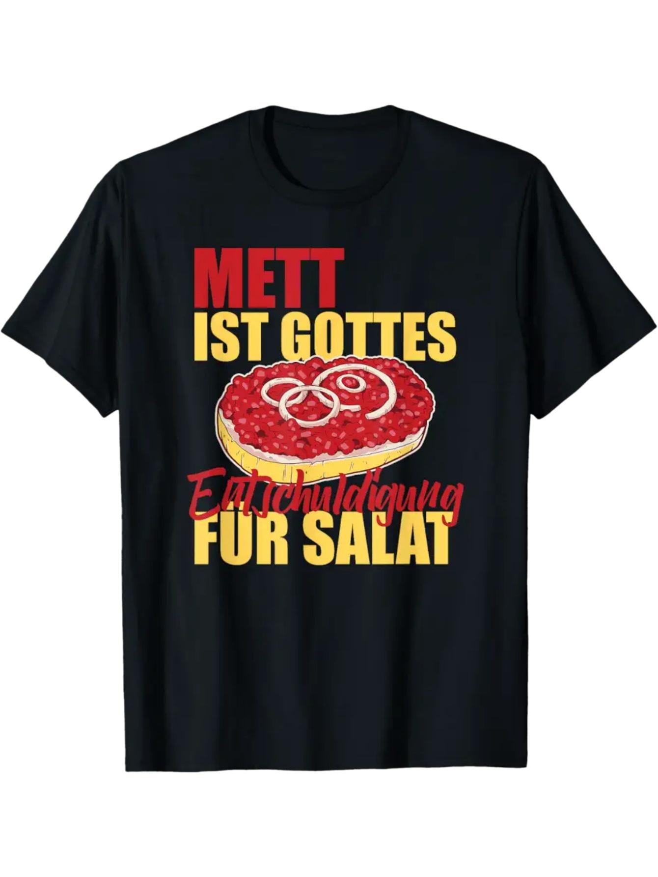 Men s Mett is God German Ferenschlachtung Slogan & Salat Salad Graphic T-Shirt - Black with Red/Yellow Lettering XL