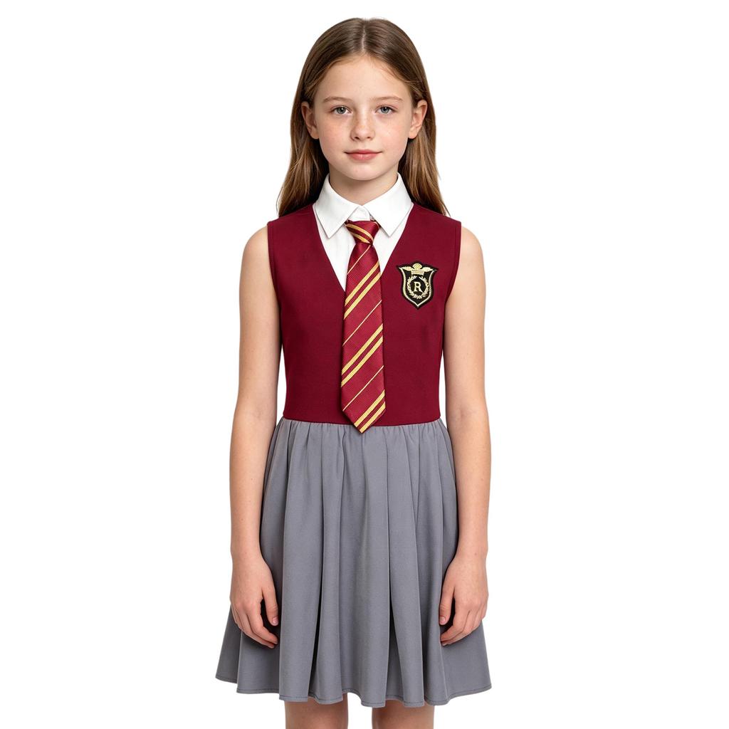 Sleeveless Ruffled Dress with Lapel Collar and Buttons Patch Decor Necktie for Girls Halloween Cosplay Themed Party Costume