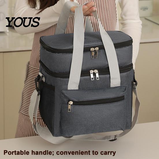 Large Capacity Lunch Cooler Insulated Double Deck Bag, Quilted Leakproof Thermal Tote, Bag for Soup Portable with Shoulder Strap Carrier
