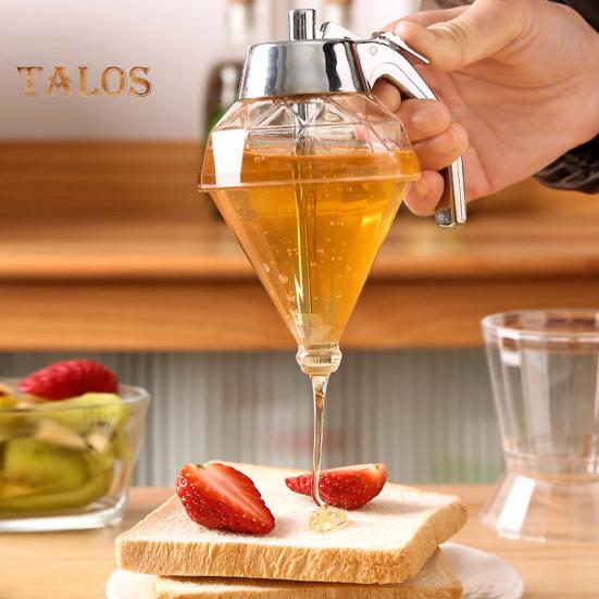 Dispenser per miele da cucina da 180 ml con coperchio in acciaio inossidabile, senza gocciolamento, in vetro, a forma di diamante, dispenser per sciroppo a tenuta stagna, bottiglia di olio d'oliva, salsa, aceto