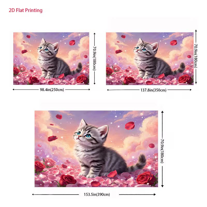 2D Dreamy Cat Tapestry, Adorable Kitten Surrounded by Red Roses and Sparkles Wall Decor