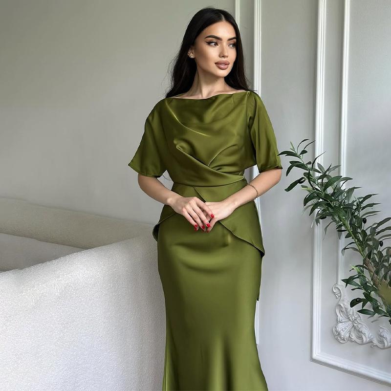 Europe, America, Amazon Cross-border Women's Clothing New Solid Color Short-sleeved Crew Neck Top, Hip-wrapped Long Skirt Casual Suit