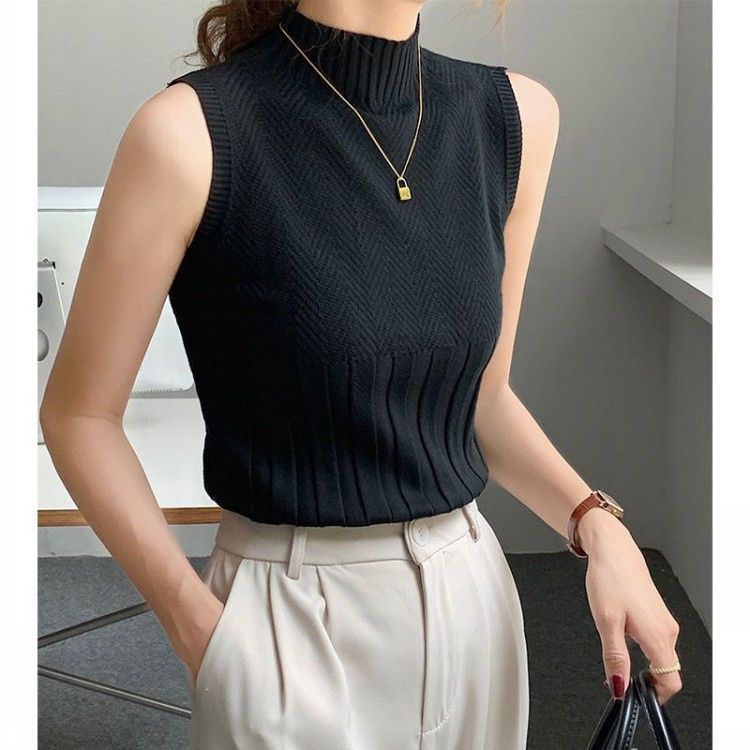 

Водолазка Майка Танк-топ для жінок Весна - Літо Приталений Верхній одяг Без рукавів Середній виріз В язаний Базовий шар L чорний