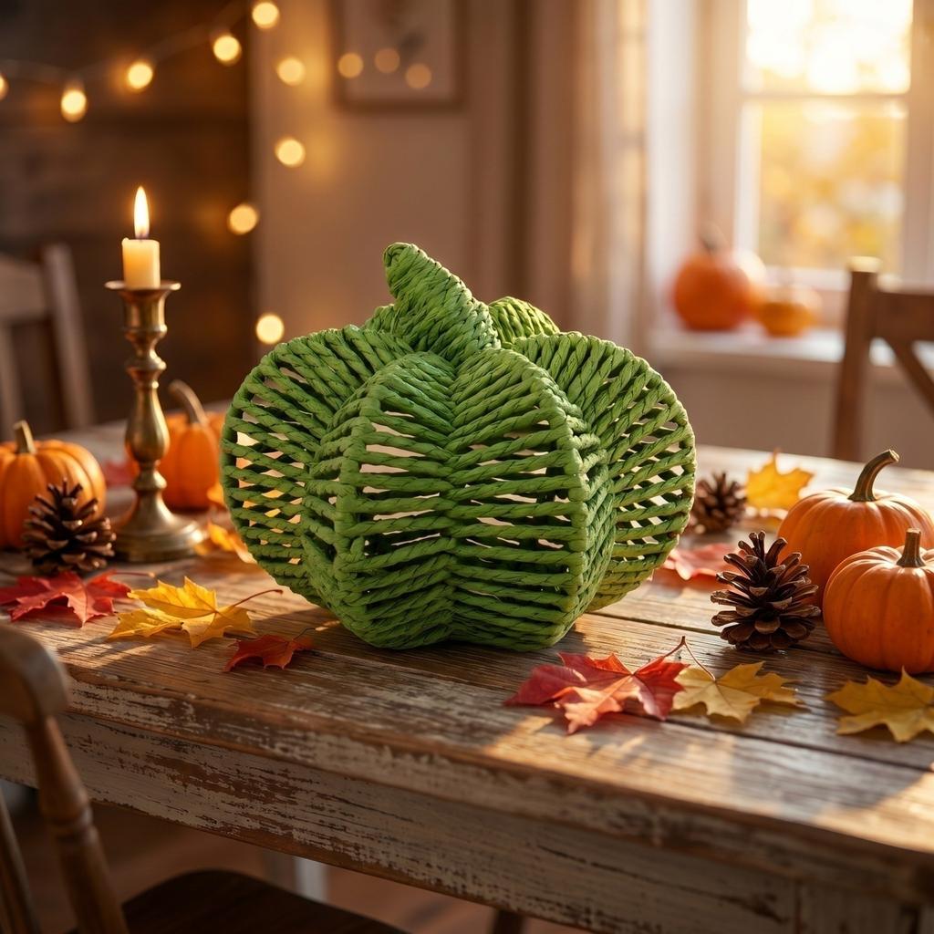 Woven Pumpkin Decoration for Tabletop - Rustic Fall Home Decor Ornament with, 3D Shape