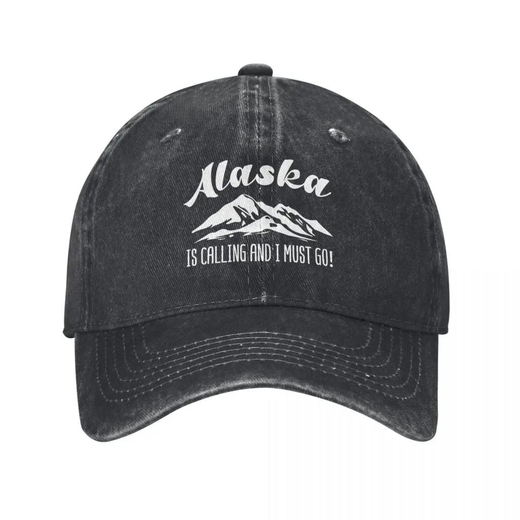 Casquette de baseball décontractée « Alaska Is Calling Mountains » pour hommes et femmes, effet vieilli, délavé, snapback, citation amusante sur les voyages, entraînements en plein air