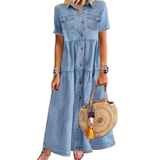 

Spring Summer Demin Dress Solid Color Single Breasted Long A-Line Dress M светло-синий