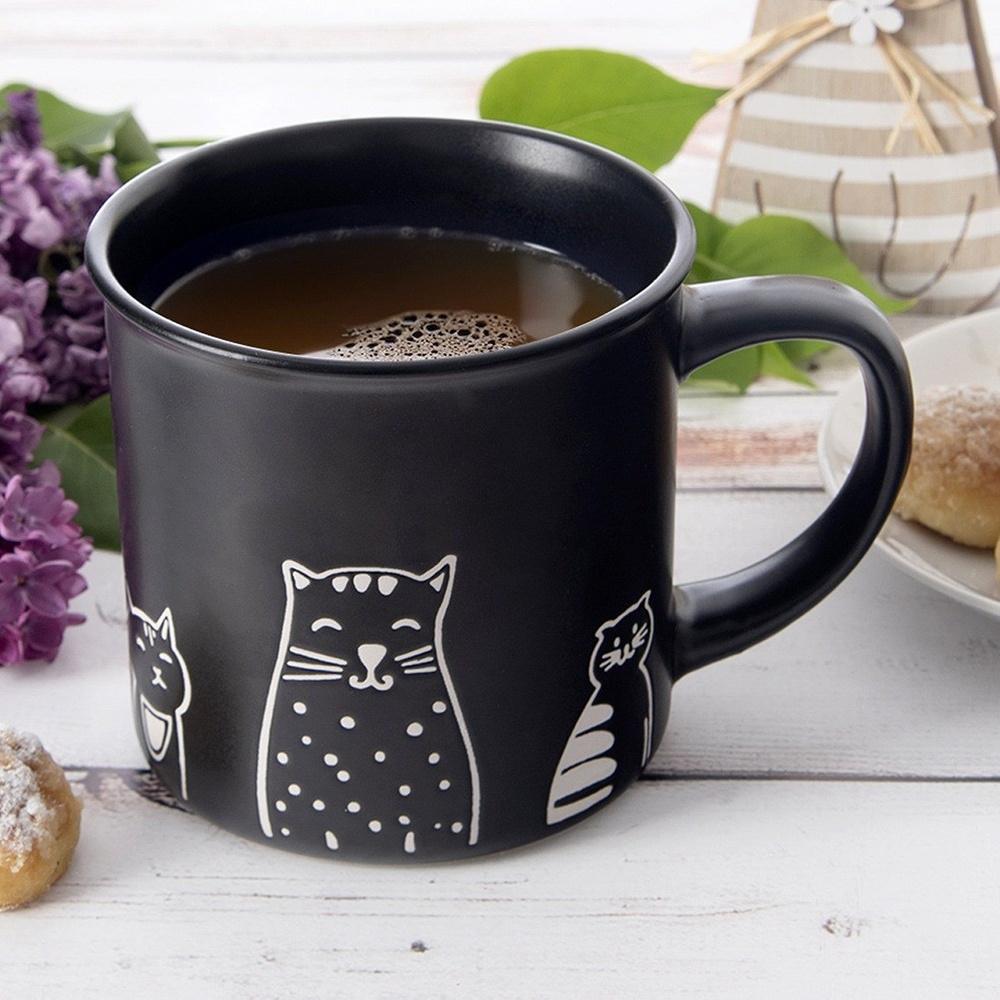 Katzen Tasse für Getränke, Kaffee, Tee, Kräuter, Keramik, Schwarz, 500ml
