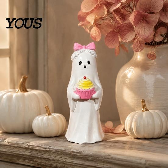 Spooky Sweet Holiday Accents Halloween Cute Ghost Ornament, Resin Figurines with Cake/Cookie Decorative Crafts for Design Desktop Fireplace Home Party