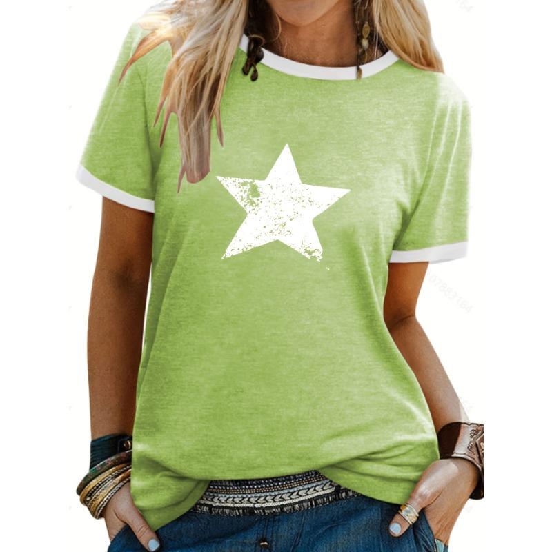 Five-pointed star print contrast T-shirt, short-sleeved crew neck casual top