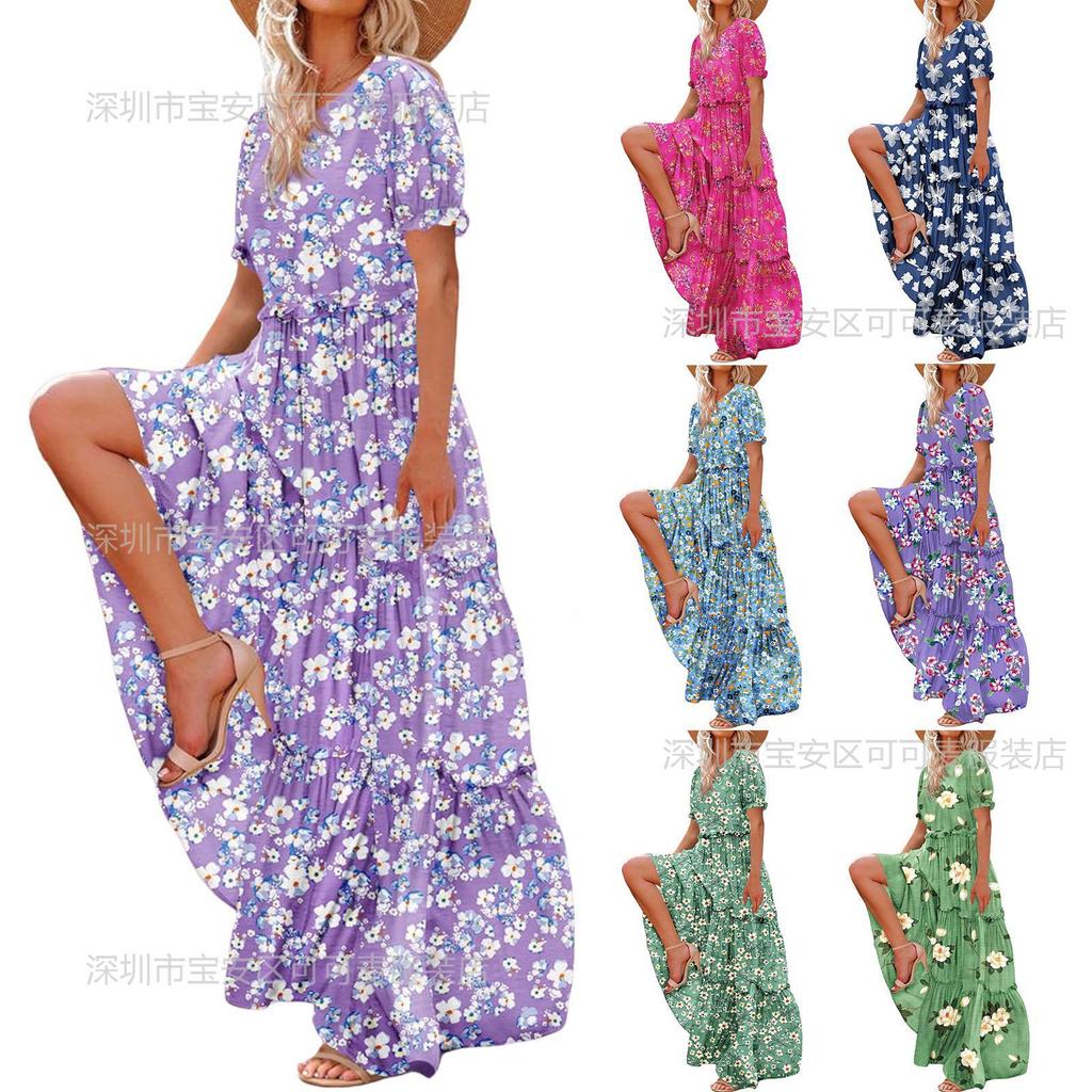 New spring and summer women's clothing bubble sleeves floral fashion and thin pleated long printed dress