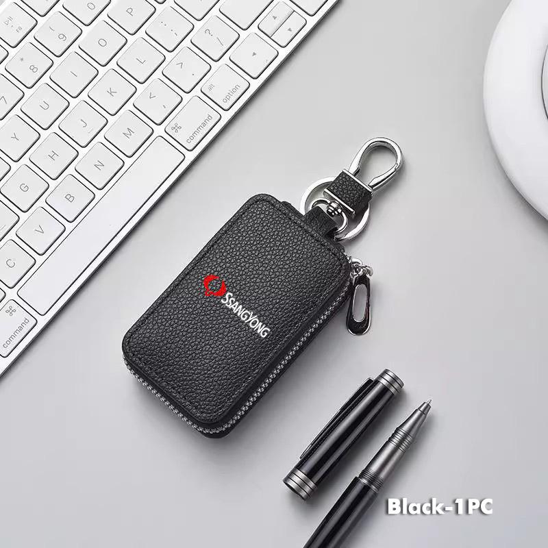Car Key Bag Zipper Case PU Leather Anti-Theft Key Fob Pouch For SsangYong Musso Rexton Torres Kyron Actyon Tivoli Rodius