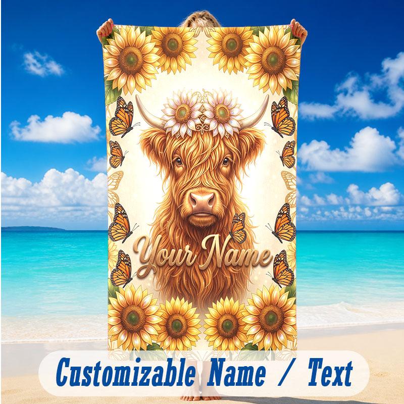 Cow Highland Theme Beach Towel Personalized Custom Name & Text Soft Quick Dry Beach Towel for Swimming Travel
