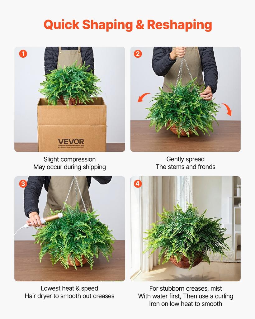 Artificial Ferns, 2 Pcs Fake Hanging Boston Fern Bush Plant with 584 Mm Hanging Length, Plastic Faux Greenery for Indoor and Outdoor Decor, For Wall,