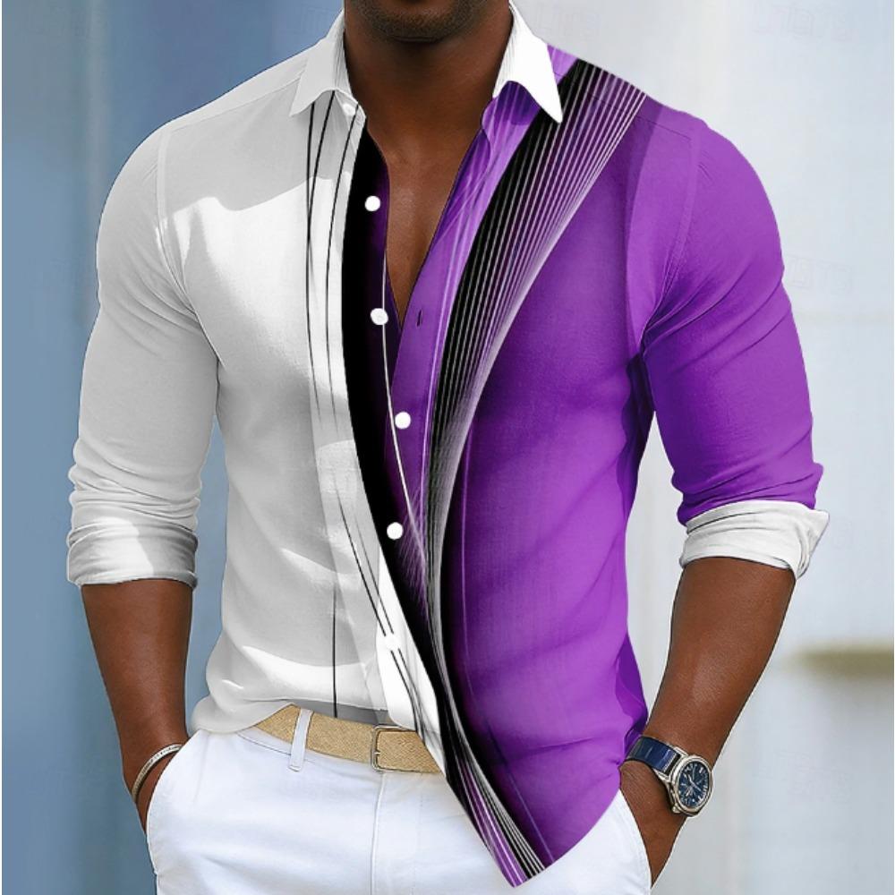 Men's Geometric Pattern Printed Long Sleeve Shirts Casual Cardigan New Button Holiday Fashion Shirts