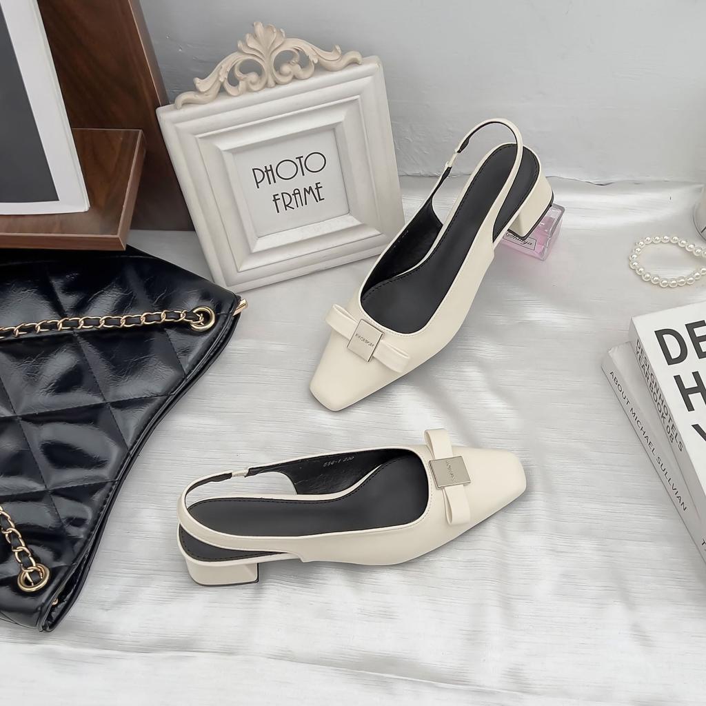 Spring and Summer New 2025 French Square Head Bow Empty Single Shoes High Sense Outer Wear Thick Heel Temperament Sandals Women