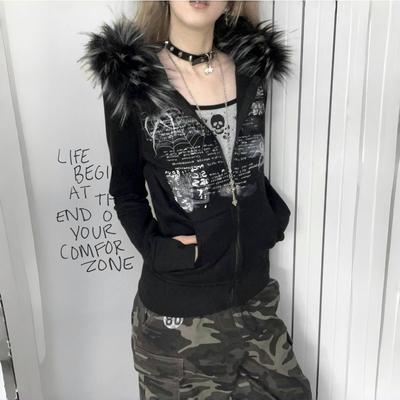 2KWEIRD Y2k Patchwork de Piel Sudaderas Grunge Mujer Ropa de Calle Vintage Harajuku Estampado Gótico Sudadera con Capucha Abrigo Estético Chaqueta Slim