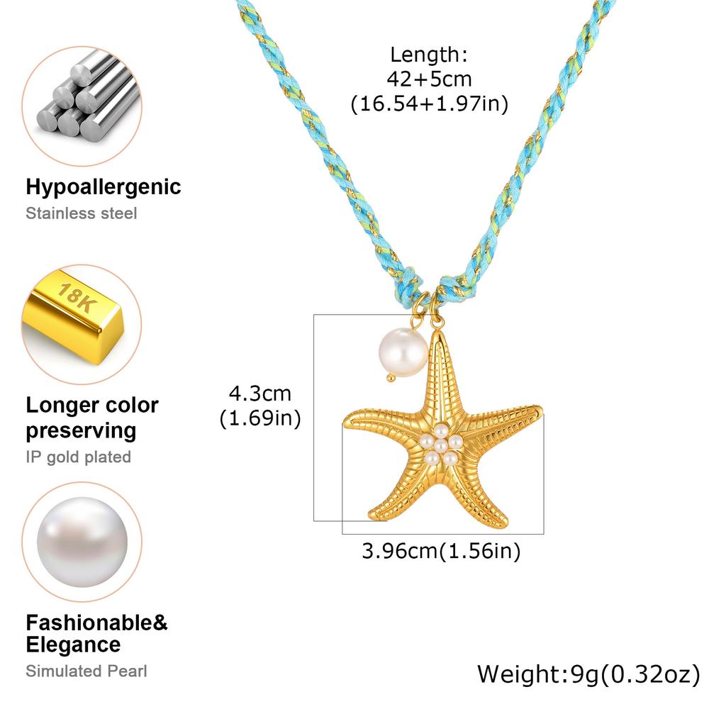 Fashion Stainless Steel Starfish Pendant Blue Woven Rope Chain Necklace for Women, 18K Gold Plated Waterproof Charm Jewelry Gift
