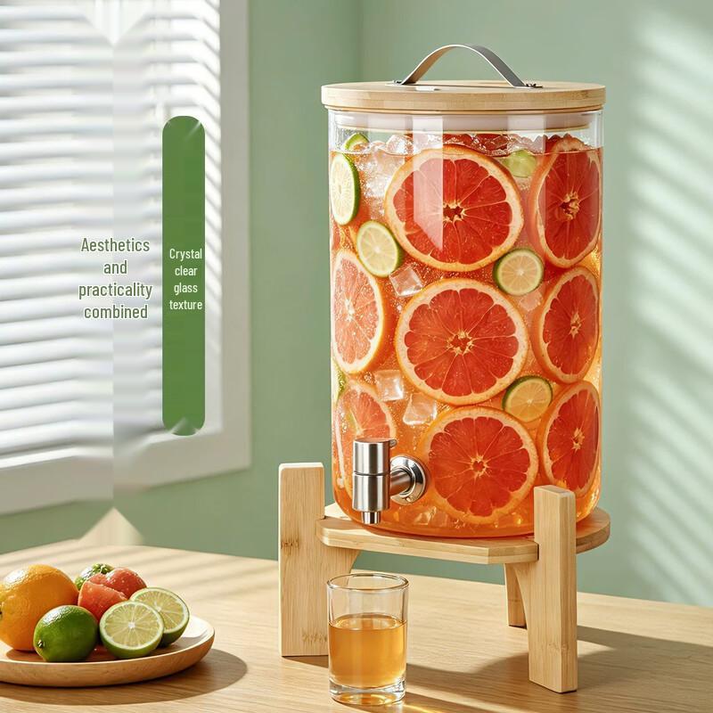 ZISIZ Heat-Resistant Glass Beverage Dispenser with Stainless Steel Spigot and Bamboo Stand