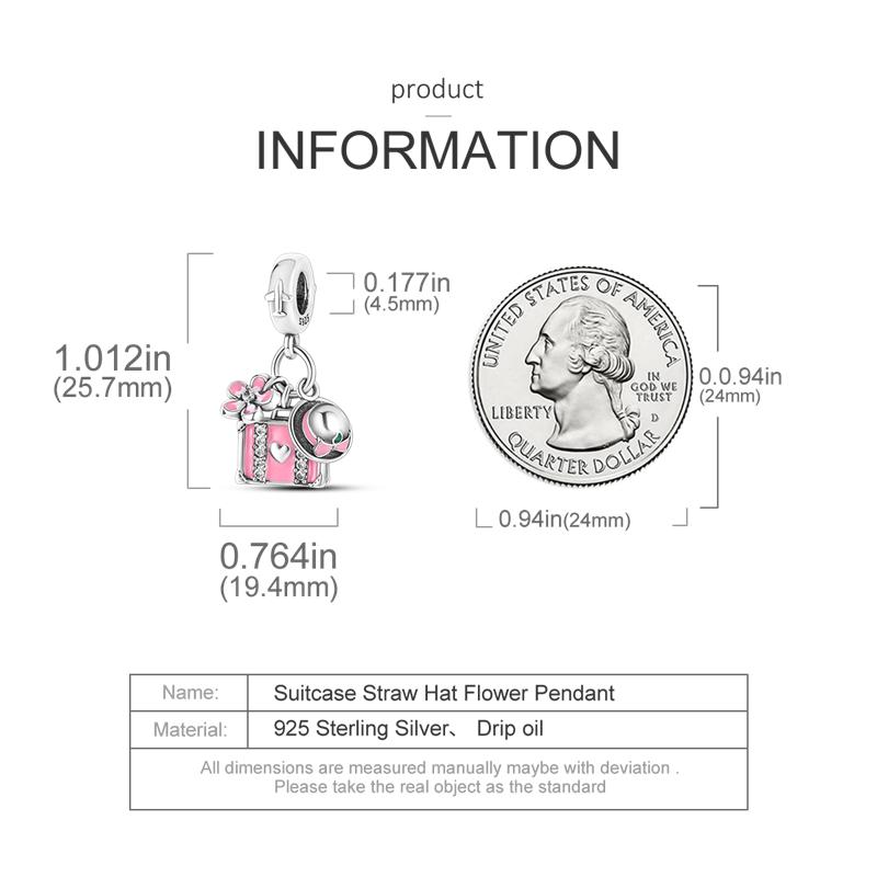 Charmscopper Plated Pink Suitcase, Straw Hat, Flower Pendants Fit Charms Original Bracelet Beads Women Jewellery Making