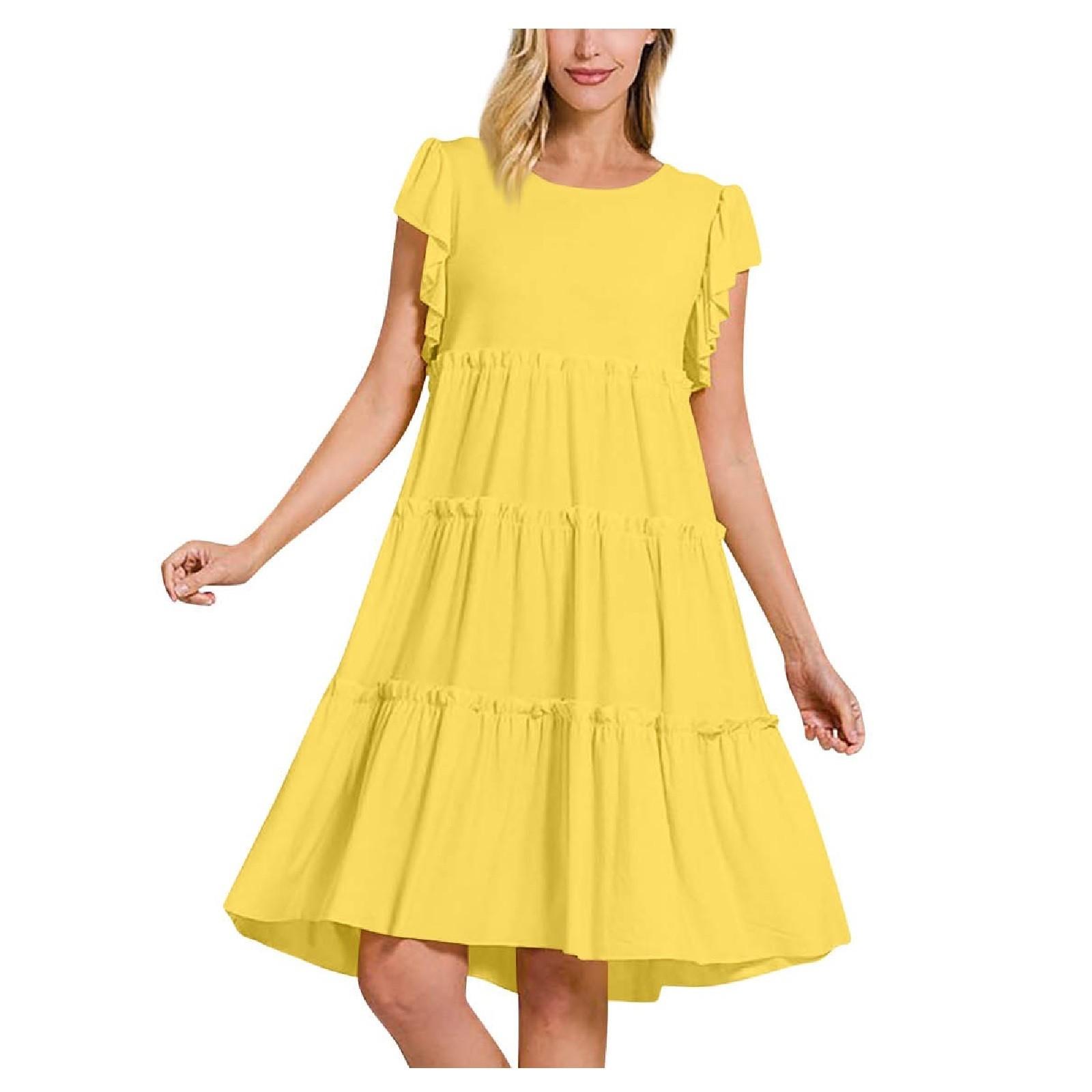 

Модное женское удобное повседневное платье с оборками и круглым вырезом, однотонное, без рукавов, женское платье XL жёлтый