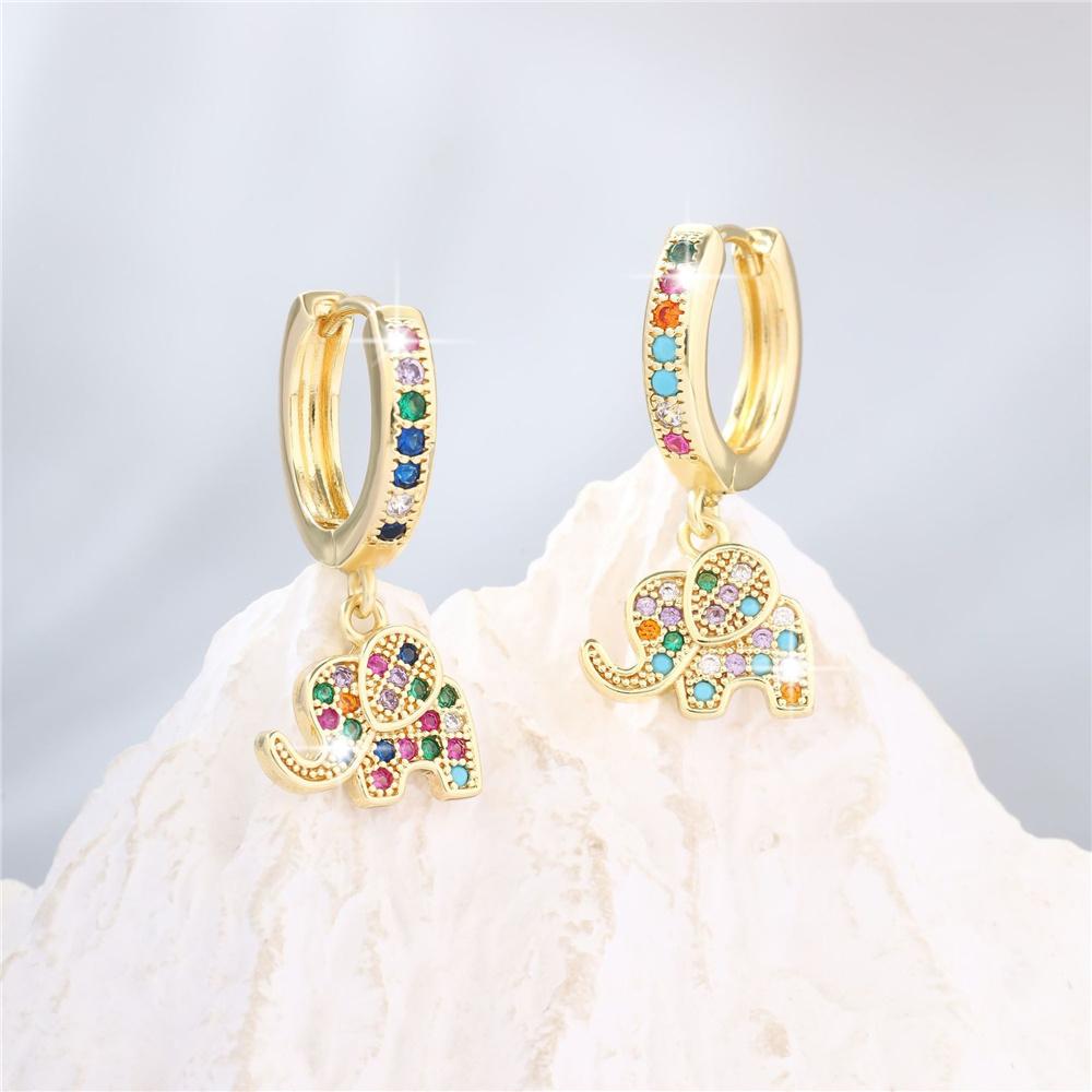 Cute Female Rainbow Zircon Elephant Hoop Earrings Trendy Fashion Gold Color Wedding Jewelry For Women