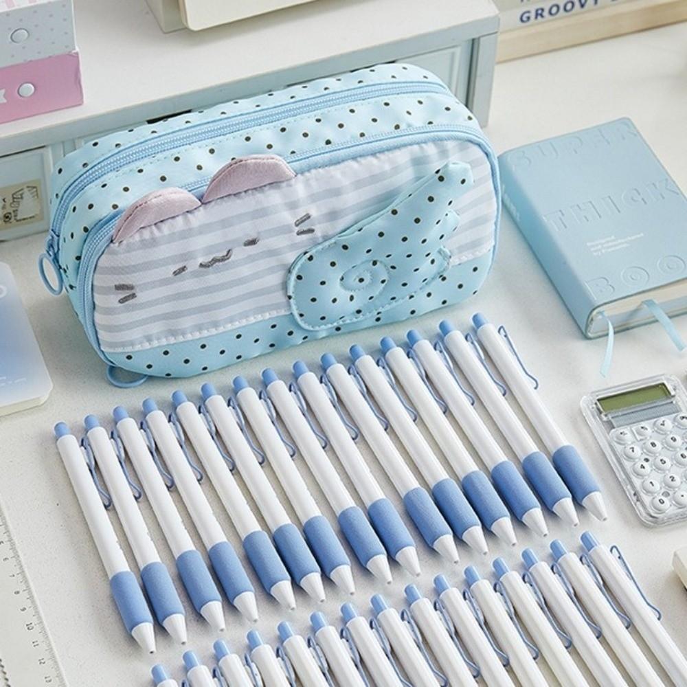 Large Capacity Pencil Case Cat Ear Design Patchwork Style Stationery Bag Portable Size Polka Dot Pattern Pen Bag School Supplies