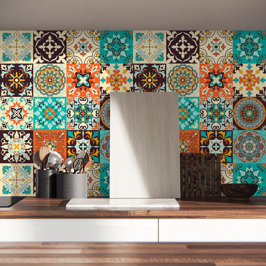 10Pcs Retro Mandala Tile Stickers  Waterproof PVC Decals - Blue & White Moroccan Floral Wall Floor Mural for Kitchen Bathroom DIY