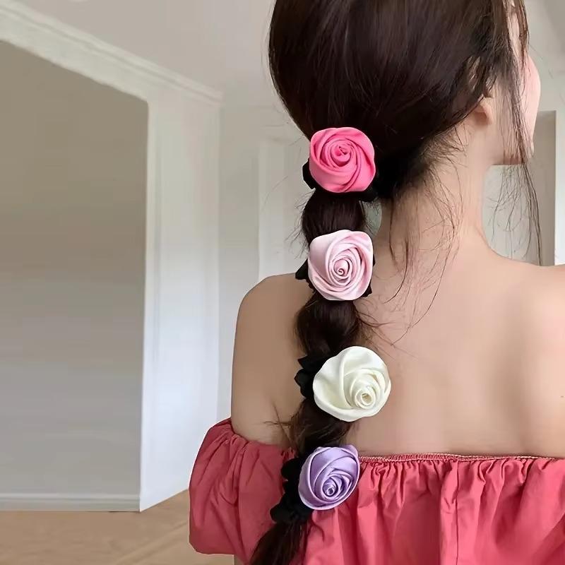 French Stain Rose Flower Elastic Hairbands Women Girls Hair Ropes Ties Flower Hair Scrunchies Ponytail Holder Hair Accessories
