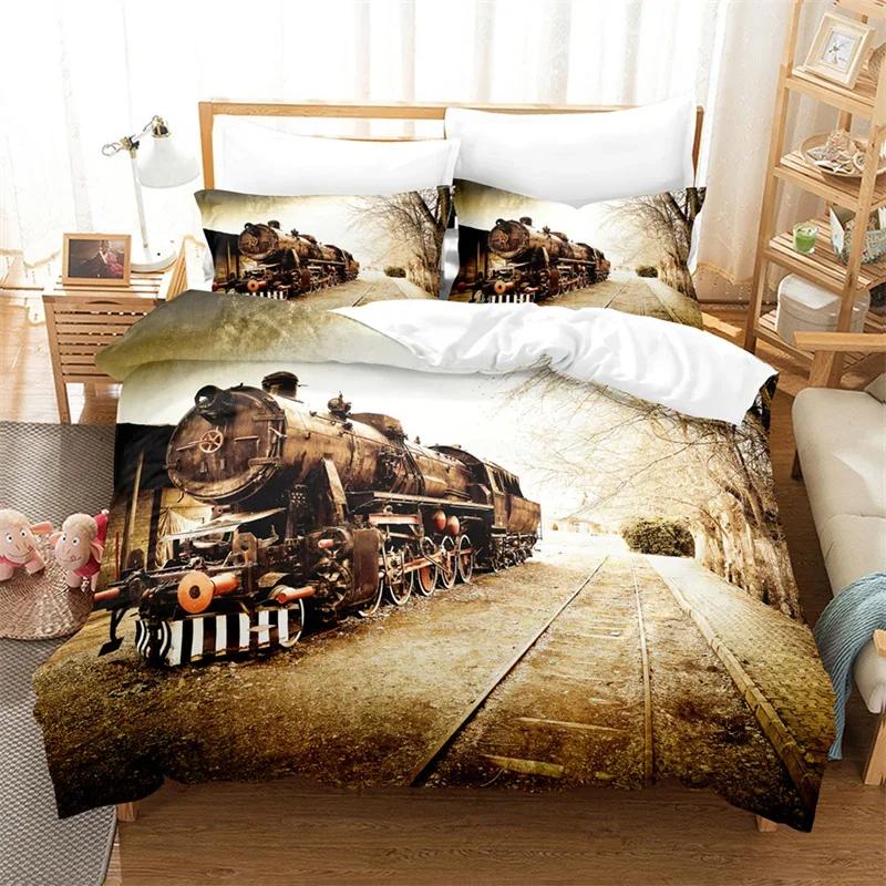 

Comforter Steam Engine King Queen Microfiber Vintage Locomotive In Countryside Scenery Green Grass Train Pattern Bedding Set Comforter (quilt)-EU Single(135*200cm)3pcs