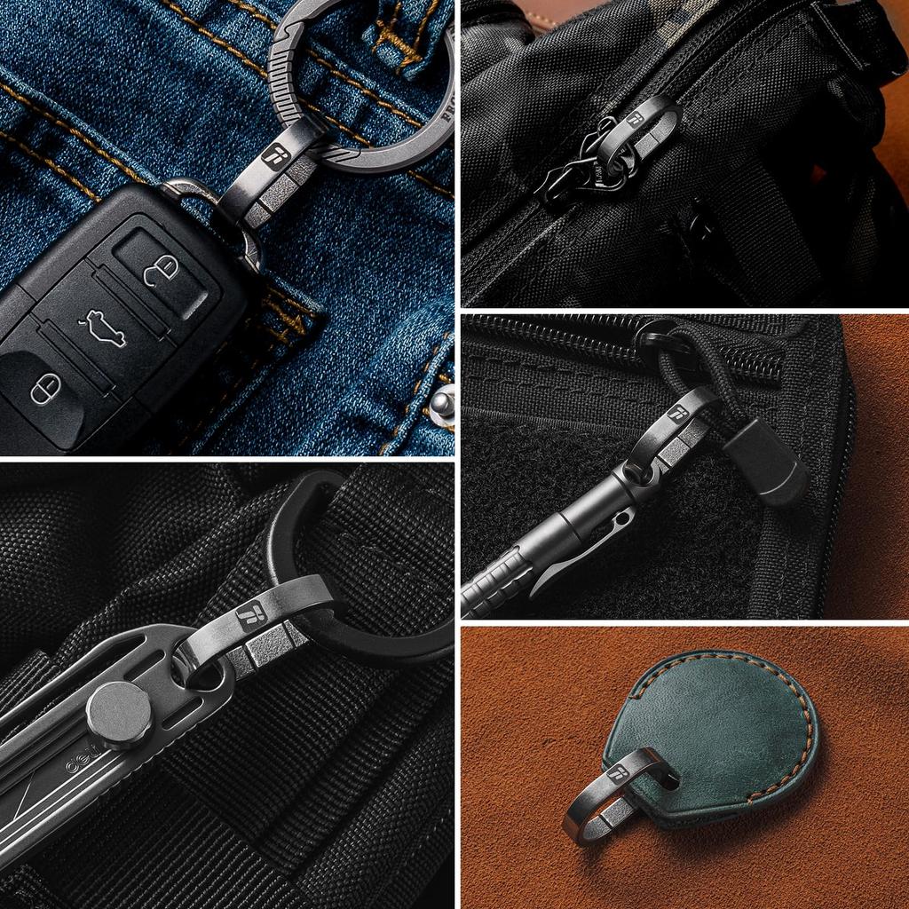 TIMULTI Titanium Keychain Key Carabiner Mini Quick Release Small Key Holder 4 Ring, Large, Ring, Hook, Connector, (Gray, Pieces)
