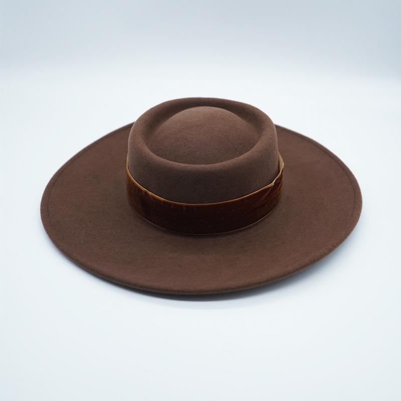 Brauner Großer Krempenbreiter Französischer Retro Woll-Panama Flacher Oberteil Zylinder Hut Damen Herbst und Winter Britischer Filz Straßenhut