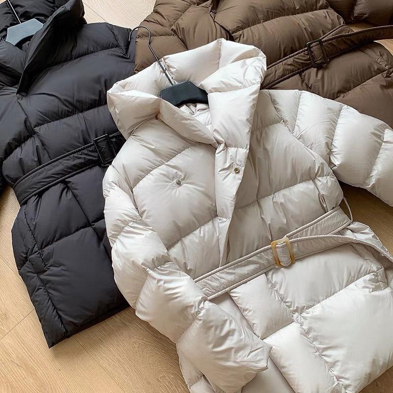 Winter Hooded Women's Down Jackets Warm Casual Lace Up Coat Puffer Jacket Belt Elegant Parka Overcoat