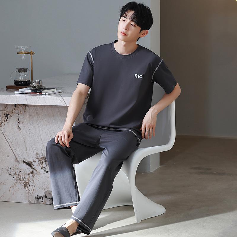 Blue Color Men's Cotton Pajamas Set for Summer Short Sleeves Sleeping Top Long Pant Nightwear Young Boy Home Clothes