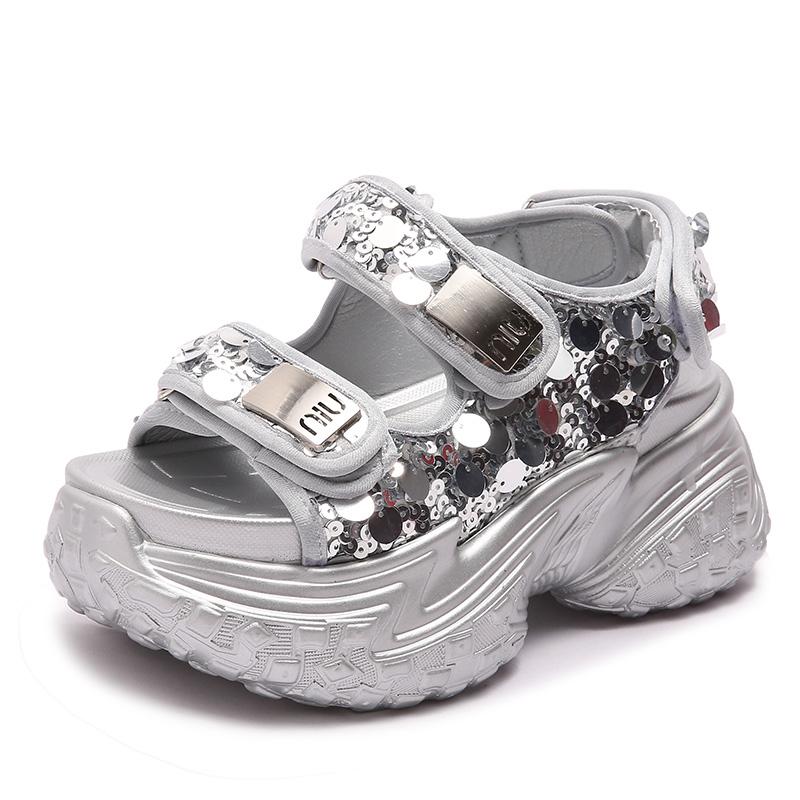 Fashion 8cm Mesh Synthetic Leather Chunky Sandals Summer Women Platform Wedge Bling Sports Sneakers Ladies Gladiator Sandalias Mujer