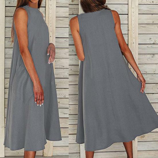Vintage Damen Einfarbig O-Ausschnitt Ärmellos Taschen Großer Saum Langes Lockeres Kleid