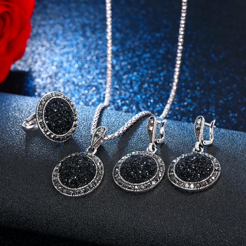 1Set Black Alloy Round Crushed Stones Jewelry Set Necklace Earrings Rings Elegant Gift For Women Wedding Party Anniversary