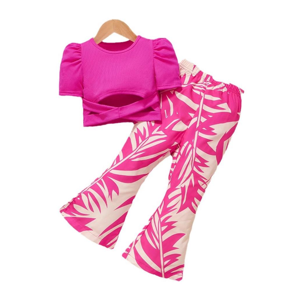 Girls Fashion Set Summer Children's Puffed Sleeve Top Printed Bell Bottoms Two-piece Set