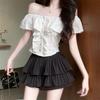 One-word Shoulder Ruffle Edge French Shirt Short-sleeved New Women's Summer Pure Desire Sweet Spice Girl Small Top Chic