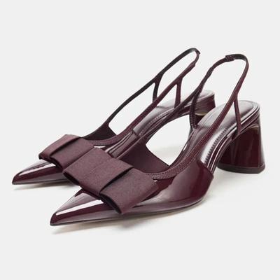 Sexy Burgundy Patent Leather Pointed Toe Pumps Women Fashion Bow Slingback   Shoes Elegant Cozy Banquet Dress Shoes