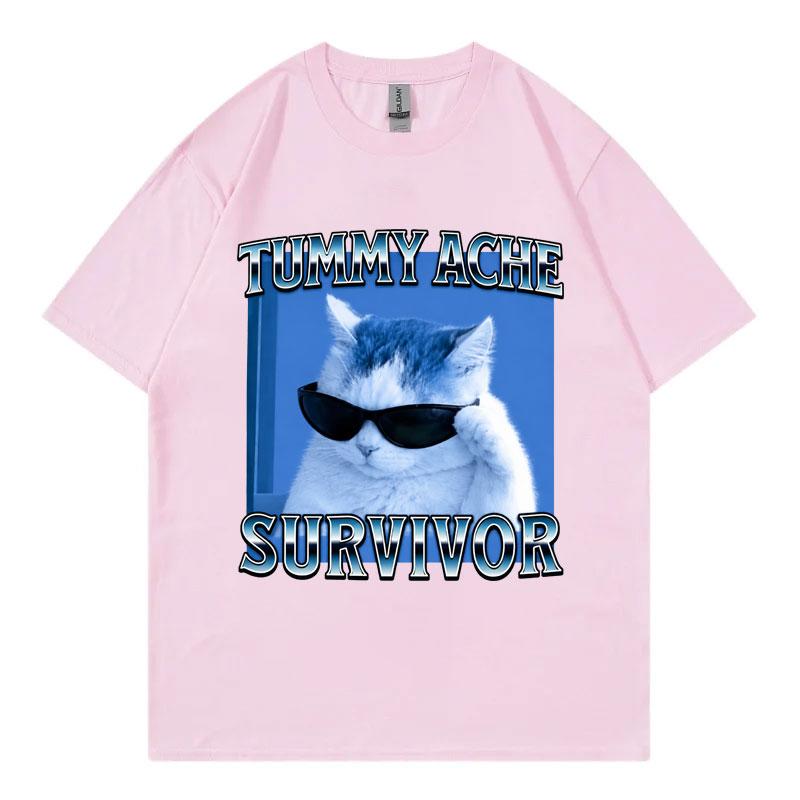 Tummy Ache Survivor Funny Cat Meme Tshirt Unisex Unisex Casual Comfort Short Sleeve Tshirts High Quality Fashion Oversized T Shirt